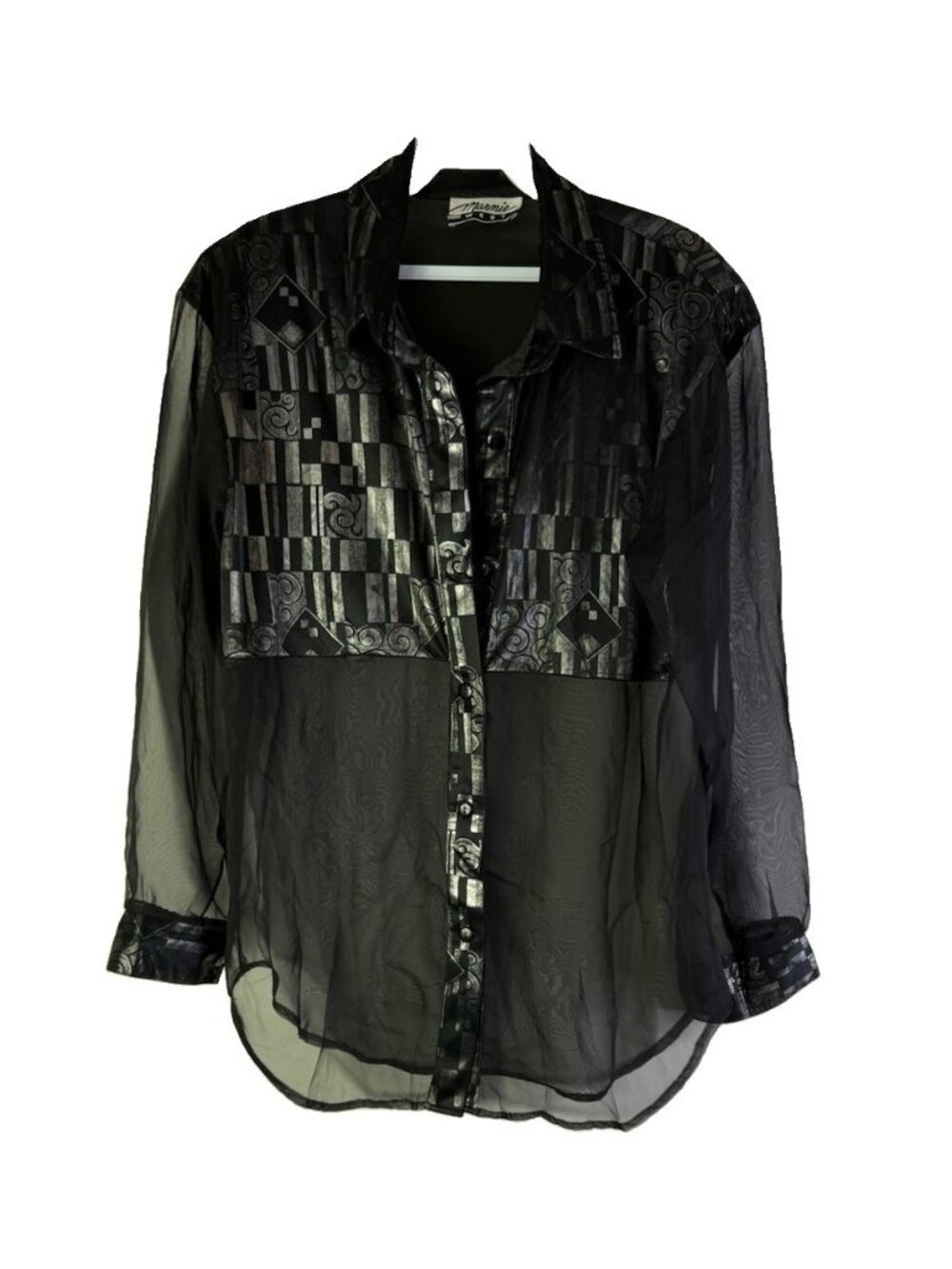 Vintage 80s Button Shirt Top Black Sheer Metallic Baggy Goth Vamp